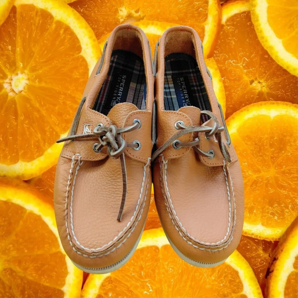 Sperry Top-Sider Mens 11M Orange Pebbled Leather Boat Shoes 0836924 Plaid Lining